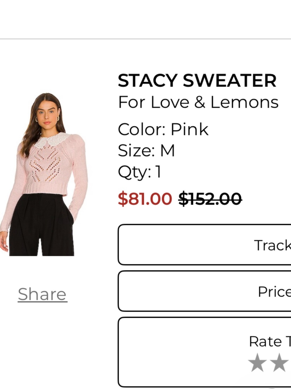 For Love & Lemons Pink Open-Knit Crew Sweater with Lace Collar Never Worn